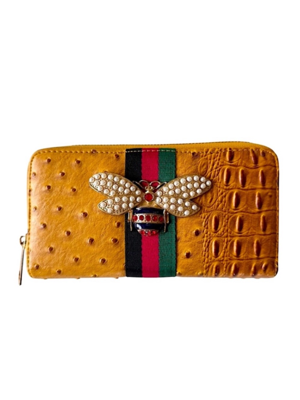 Queen Bee Stripe Ostrich Double Zip Around Wallet